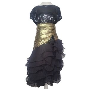 Lillie Rubin Vintage Sequin Metallic Acetate Evening Party Dress Black & Gold 12